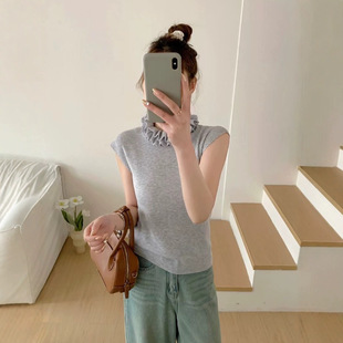 Pink Half Turtleneck Ruffled Woolen Sweater Vest for Women in Spring and Summer, High-Bottom Outer Wear, Super Nice Slim-Fitting Bottoming Shirt