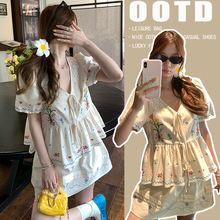 现货孕妇棉麻宽松遮肚套装十字绣棉感娃娃衫+A字半身裙夏日漂亮小