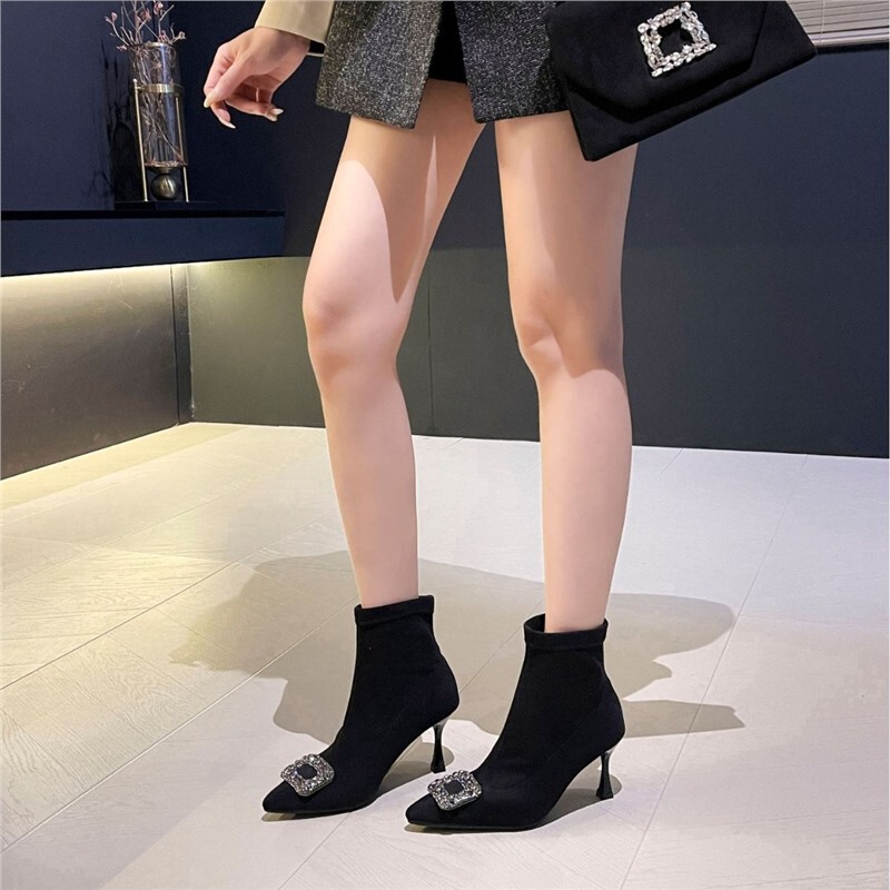 French-Style Pointed-Toe Sock Boots with Thin High Heels, Ankle-Length Short Boots for Women, New Autumn and Winter Single Boots, Elastic Suede Slimming Boots French-Style Pointed-Toe Sock Boots with Thin High Heels, Ankle-Length Short Boots for Women, New Autumn and Winter Single Boots, Elastic Suede Slimming Boots