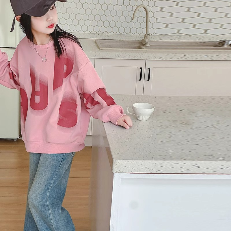 Nuovo top casual coreano per bambini 2024, felpa con cappuccio a maniche lunghe per ragazze di medie dimensioni, abbigliamento outdoor alla moda primaverile e autunnale_voghion.com