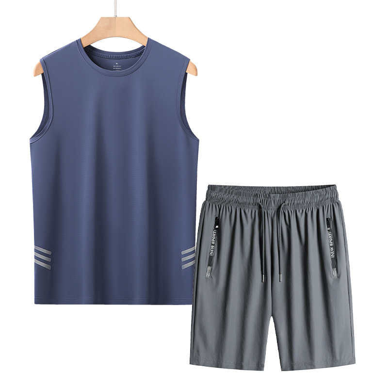 Traje de chaleco de seda de hielo de talla extra grande para hombres, chaleco deportivo fino de mediana edad y ancianos, traje de dos piezas suelto de verano para papá