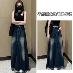青い灰色のデニムの半身のスカートの女性のファッションは新型の大きいサイズの怠惰な風の不規則な中の長さのa字のスカートに似合います。
