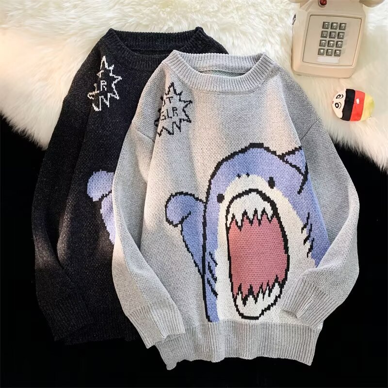 Hong Kong Style Shark Knitwear Men's Korean Style Ins Loose Lazy Niche Trendy Stylish Versatile Pullover Bottoming Knitwear