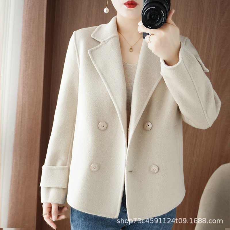 새로운 더블 브레스트 원피스 칼라 쇼트 클래식 양면 양면 코트 느슨한 우아한 캐주얼 통근 코트