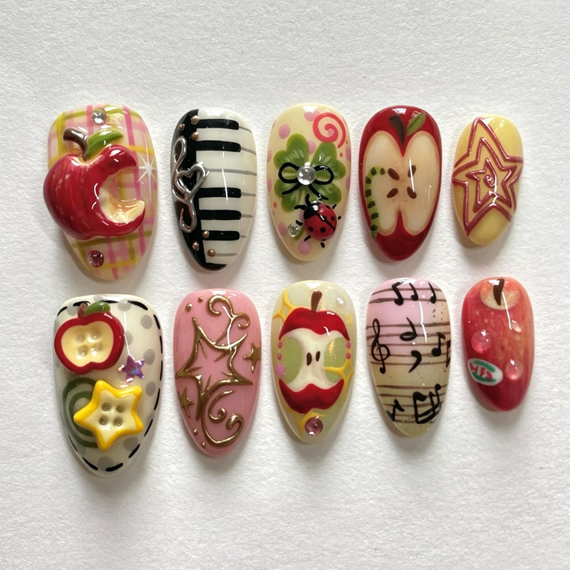 30 pieces of 3D cartoon apple piano press-on nails, hand-painted musical notes, ladybugs, stars, fake nails, cross-border foreign trade 30 pieces of 3D cartoon apple piano press-on nails, hand-painted musical notes, ladybugs, stars, fake nails, cross-border foreign trade
