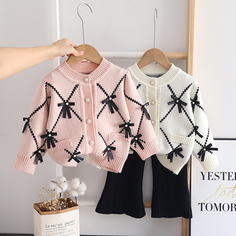 Jin Yongxiong Girls' Sweater 2024 Autumn/Winter New Bow Cardigan Top Knitted Two Piece Set Korean_voghion.com