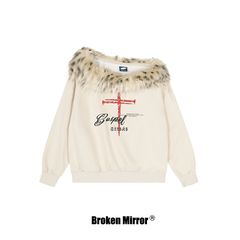 Broken Mirror 25秋季New美式复古辣妹图案印花毛领斜肩套头卫衣