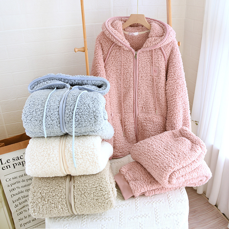 Couple Pajamas Lamb Velvet suit Women's Winter fleece-lined Thickened Coral Velvet Men's Hooded Zipper Outwear Home Clothes