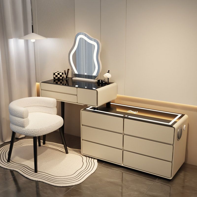 카키 그레이 6단 서랍 스마트 모델 - 올 원목 80 테이블 + 캐비닛 + 클라우드 미러 + 유아용 의자