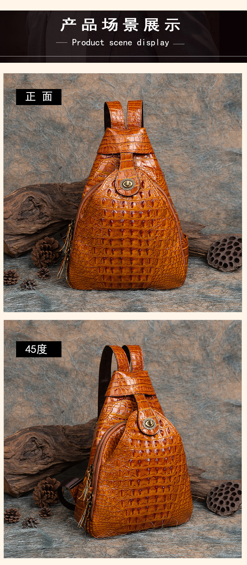 Ba lô da bò cao cấp dập nổi vân cá sấu phong cách retro — Màu đen chi tiết 20