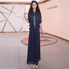 时尚洋气套装女秋季新款气质外贸拼接丝巾衬衫阔腿裤时髦两件套潮
