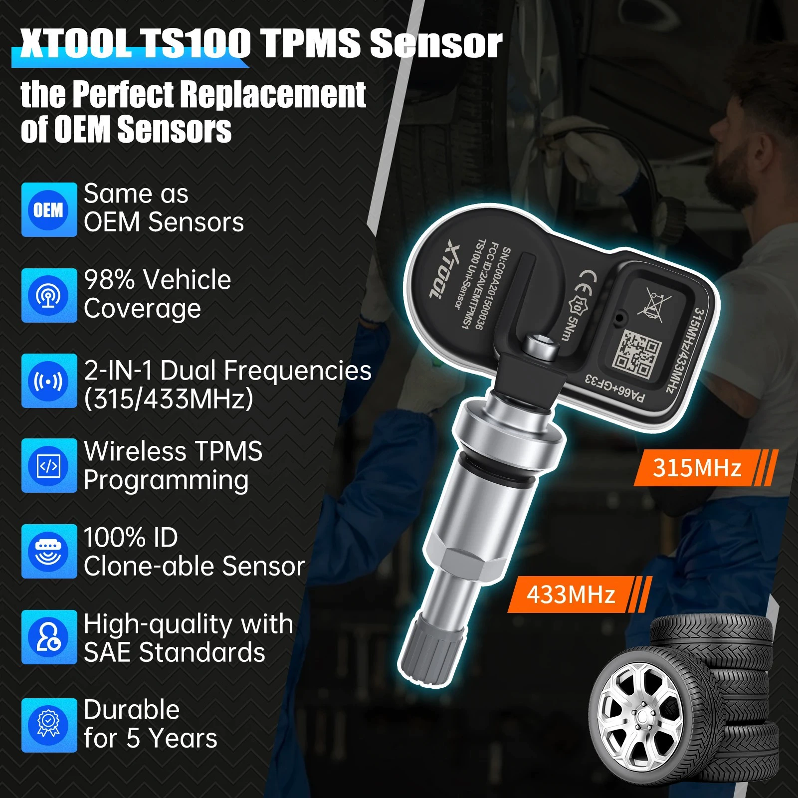 XTOOL TS 100 433 / 315 МГц TPMS TP100 Датчик Ремонт шин зарубежная версия