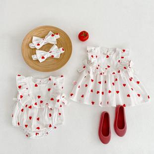 Baby Romper Dress Korean Style Heart Pattern Onesie for Girls 2025 Summer New Sister Outfit