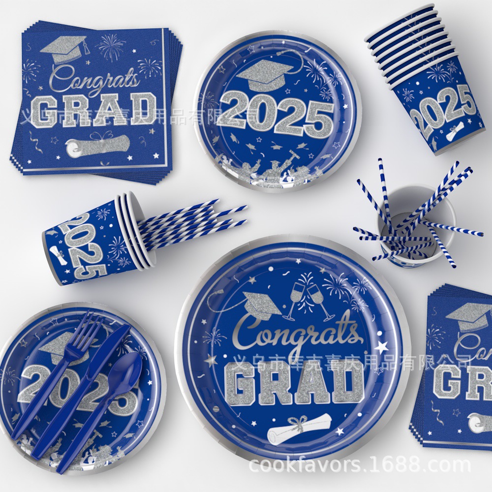 2025 nuevo diseño de decoración de fiesta de graduación temporada azul plata fiesta de graduación bandeja de papel taza de papel toalla de papel juego de vajilla