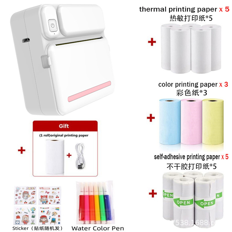 C19 파우더에는 인쇄지 1롤 + 인쇄지 5롤 + 스티커 5개 + 색종이 3개 + 색펜 6개 + 스티커가 포함되어 있습니다.