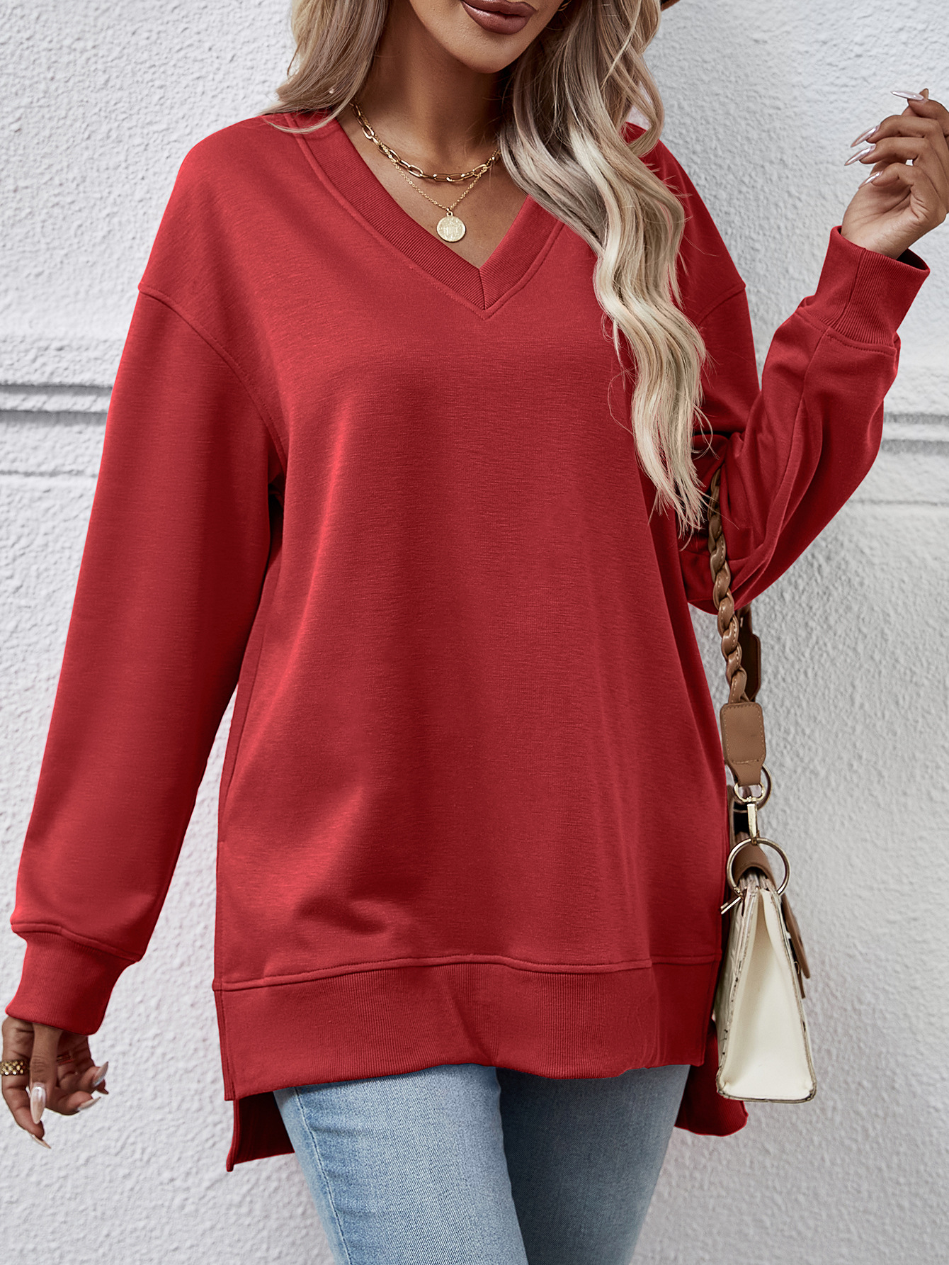 Women's autumn and winter women's sweatshirt solid color V-neck slit front short back long top_voghion.com