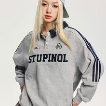 韩版2024休闲拼色POLO领卫衣女宽松休闲情侣装条纹插肩袖上衣批发