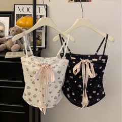 66029#新款夏季卡通涂鸦印花蝴蝶结美背内搭外穿短款上衣女
