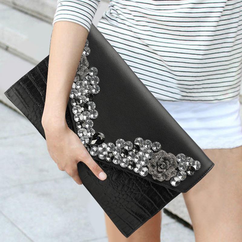 Fashion Women's Handbags 2025 New Genuine Leather Clutch Bag Evening Party Bag With Rhinestones Luxury Banquet Purse - Thumbnail 2