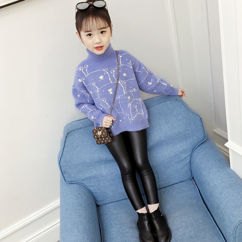 Girls' Sweater 2023 New High Neck Mink Velvet Korean Style Winter Thickened Imitation Mink Hair Large Children Fleece Base Shirt