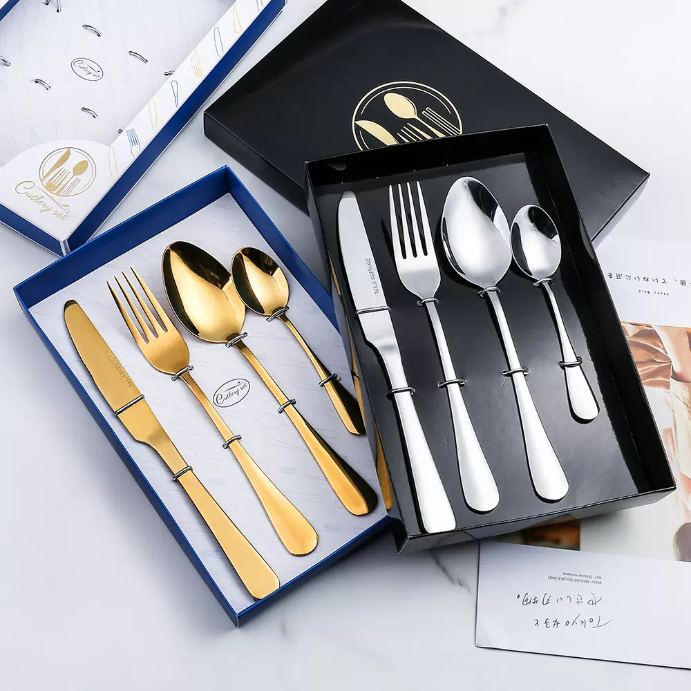 L 不锈钢刀叉勺套装 1010不锈钢牛排刀叉 镀金餐具圣诞礼品四件套