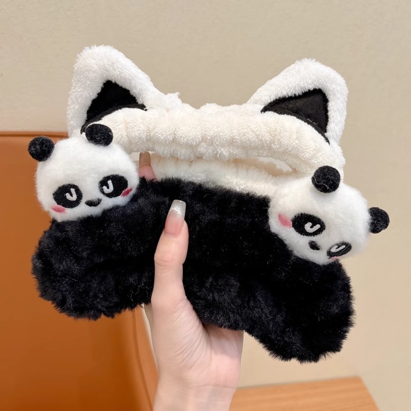 Niños otoño y invierno peluche panda orejas lavar la cara banda de pelo 2024 nueva niñas de alta elasticidad no estrangular cabello cubierta de pelo