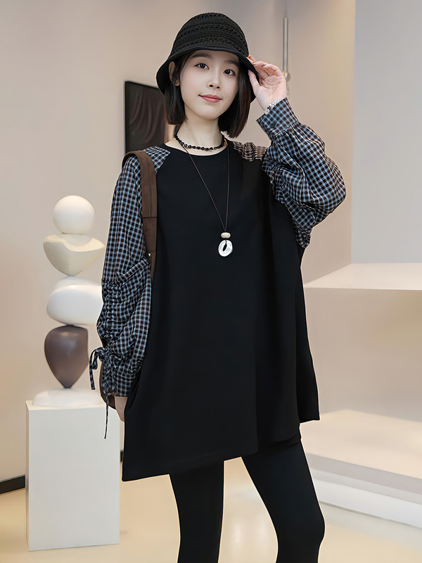 假两件圆领卫衣女春秋款2025新款爆款中长款上衣女遮屁股洋气时尚|undefined