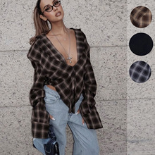 2025秋冬跨境亚马逊速卖通独立站新款女装性感格子收腰衬衫上衣女