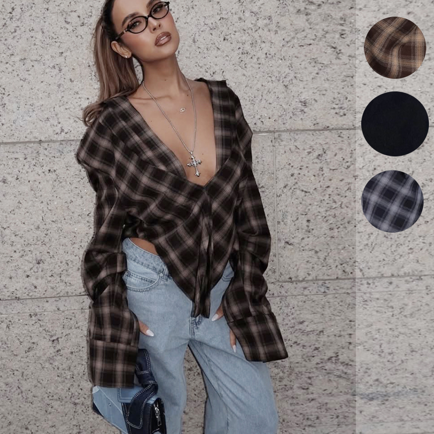 2025秋冬跨境亚马逊速卖通独立站新款女装性感格子收腰衬衫上衣女