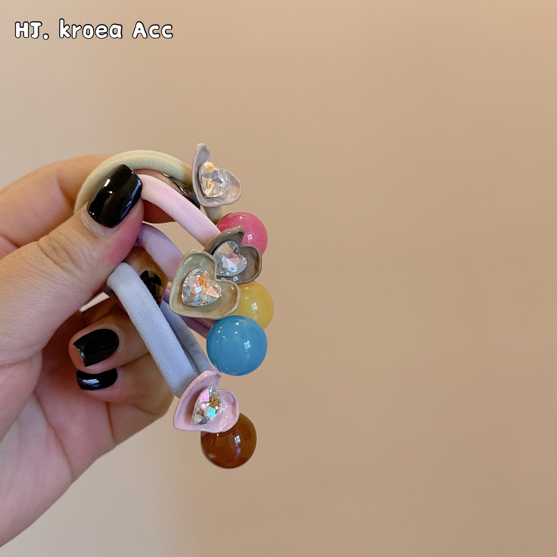 日韓ins～夏季馬卡龍復古愛心鑽鑽透明果凍球球彩色發繩頭扎皮套