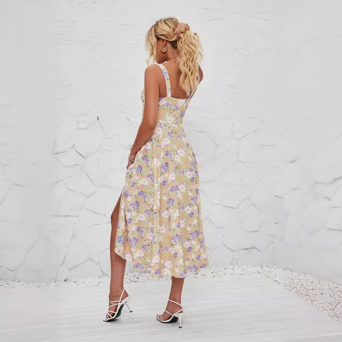 Cross-Border Amazon European and American Summer Temperament Sleeveless French Skirt Suspender Side Slit Printed Sun Dress for Women