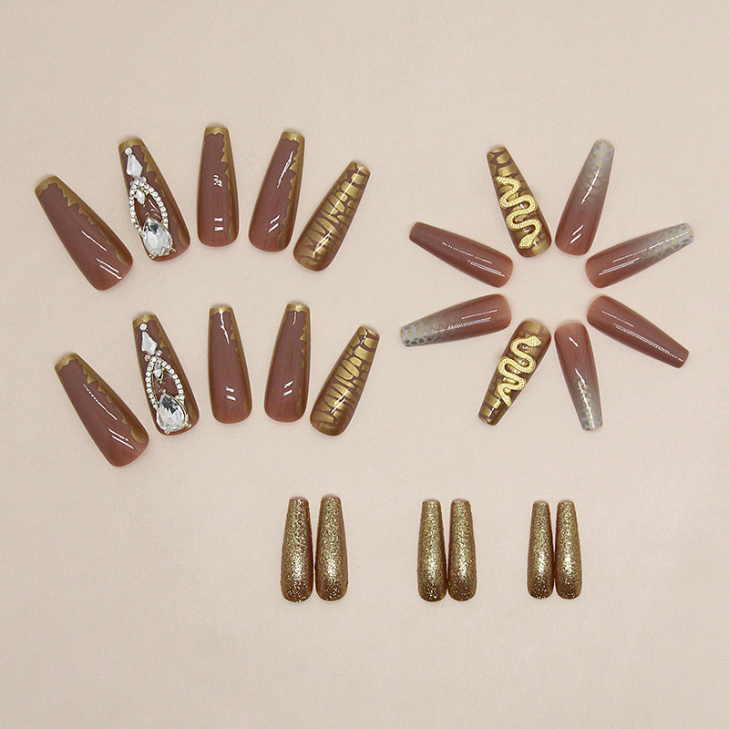 Description Picture 3 of item24Pcs Long Coffin False Nails with Glue Wearable Brown Fake Nails with Rhinestones Ballet Press on Nails Full Cover Nail Tips