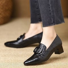 粗跟尖头深口单鞋女2025秋季新款舒适软皮中跟小皮鞋时尚百搭女鞋