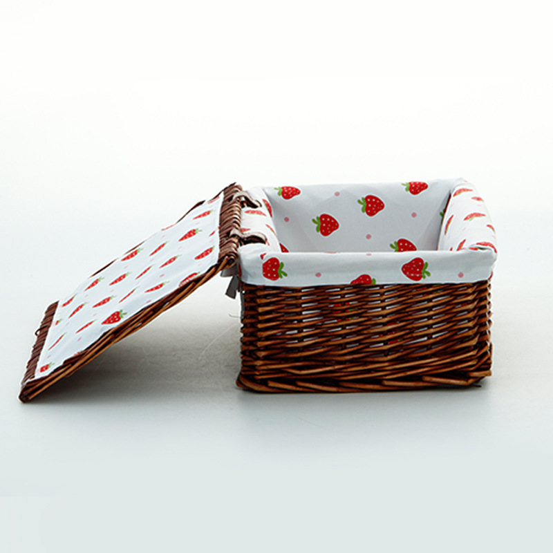 Canasta de almacenamiento cuadrada de sauce con cubierta marrón oscuro de fresa blanco forrado grueso y duradero canasta de almacenamiento de sauce hecha a mano