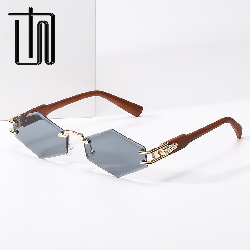 新款時尚文藝無框金屬木紋腿菱形切邊遮陽鏡7207墨鏡太陽眼鏡批發