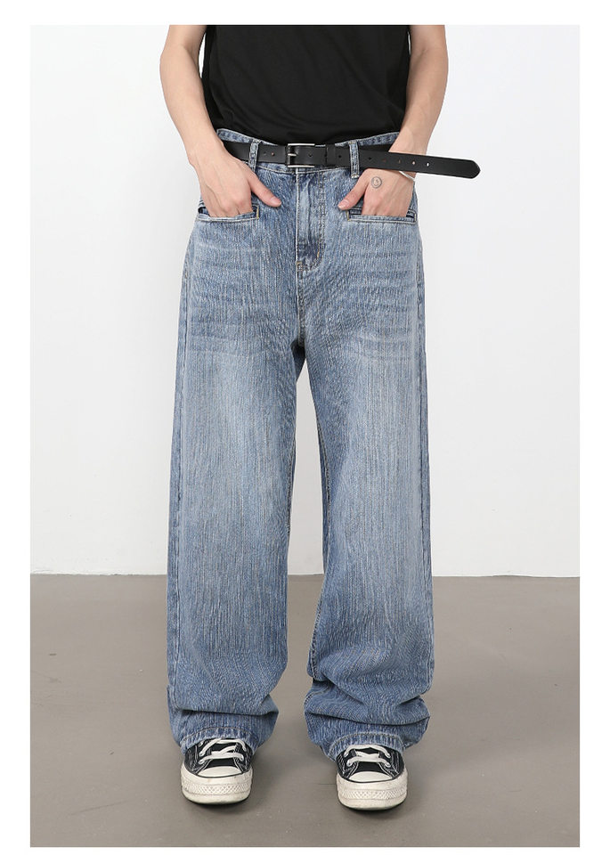 Quần jeans nam ống rộng suông thẳng túi trước họa tiết vân tre — màu xanh chi tiết 4
