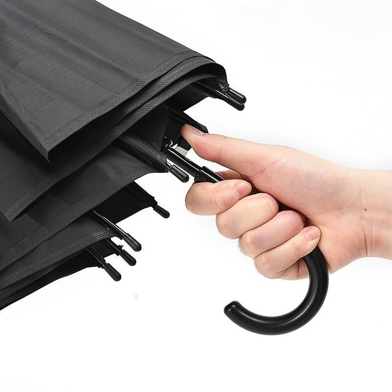 Barra recta 8 huesos paraguas negros mango largo paraguas negro manejo de lluvia doble gancho negro semiautomático