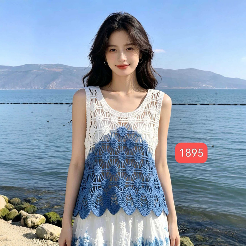 Handmade Tie-Dye Dali Travel Photo Short Sleeveless Top Round Neck Cut Out Crochet Lace Vest for Women to Wear Outside
