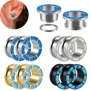 Cross-border Stainless Steel Flat Opal Pulley Auricle Black Electroplated Blue Turquoise External Thread Puncture Ear Expansion Jewelry