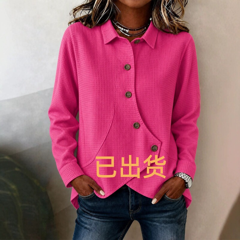 European and American Amazon Women's Casual Solid Color Waffle Irregular Shirt