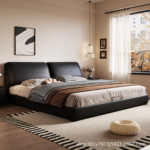 Italian Minimalist Leather Bed Black Elephant Ear Double Bed 2m X 2.2m Master Bedroom Luxury High-End Queen Bed