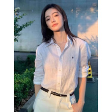 拉夫小马标刺绣上衣女春秋薄款亚麻白色长袖休闲宽松小众防晒衬衫