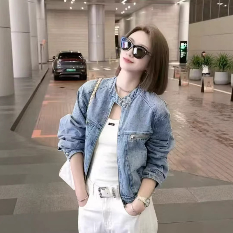 Hong Kong Style Retro Zipper Rhinestone Short Denim Jacket for Women 2026 Spring New Versatile Youthful Jacket Trend