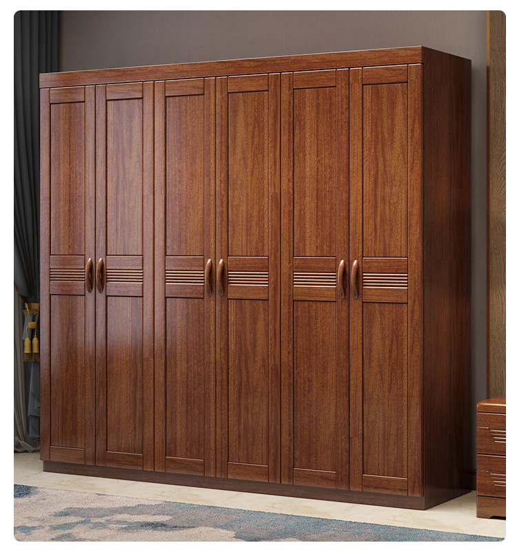 J^Walnut Solid Wood Wardrobe Bedroom Home Chinese Style Small Apartment Log Large Wardrobe Thickened Storage Cabinet Rental Room