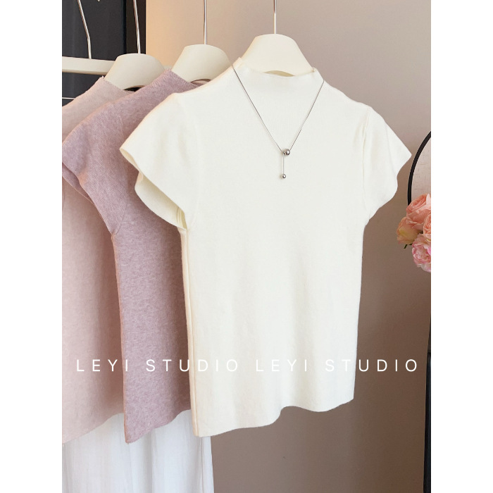 6735 # Pure Desire スリムデザイン、小さなフライングスリーブ、ハーフタートルネックセーター、夏の新しいスタイル、スリムでシンプル|undefined