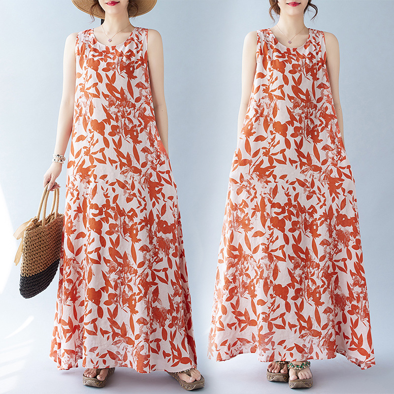 Real Shot Of The 2024 Summer New Bohemian Artistic Loose Sleeveless Round-neck Printed Mid-length Dress For Women_ecoleips.com