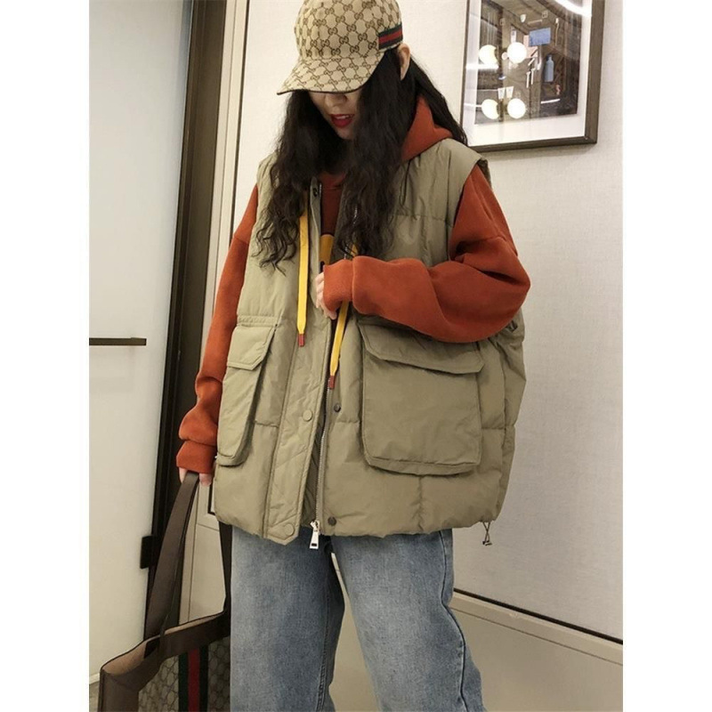 秋冬羽绒棉马甲女2025韩版新款宽松大口袋坎肩慵懒风休闲背心马夹|undefined