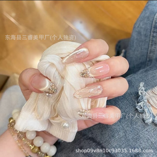 New Gold Foil Chanel Handmade Wearable Nails, Nude Pink Cat's Eye, Sparkling Diamonds, Accessible Luxury, Whitening, Removable Manicure
