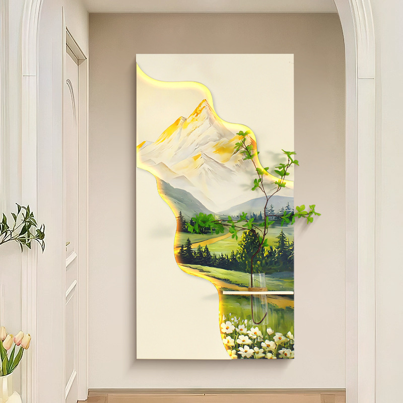 奶油风玄关装饰画砂岩水培绿植led灯光画立体高级感走廊尽头挂画|undefined