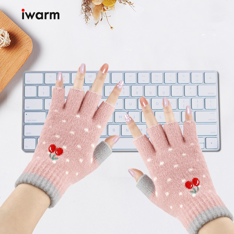 iwarm愛溫暖新款半指手套女冬露指卡通刺繡櫻桃保暖工作寫字手套